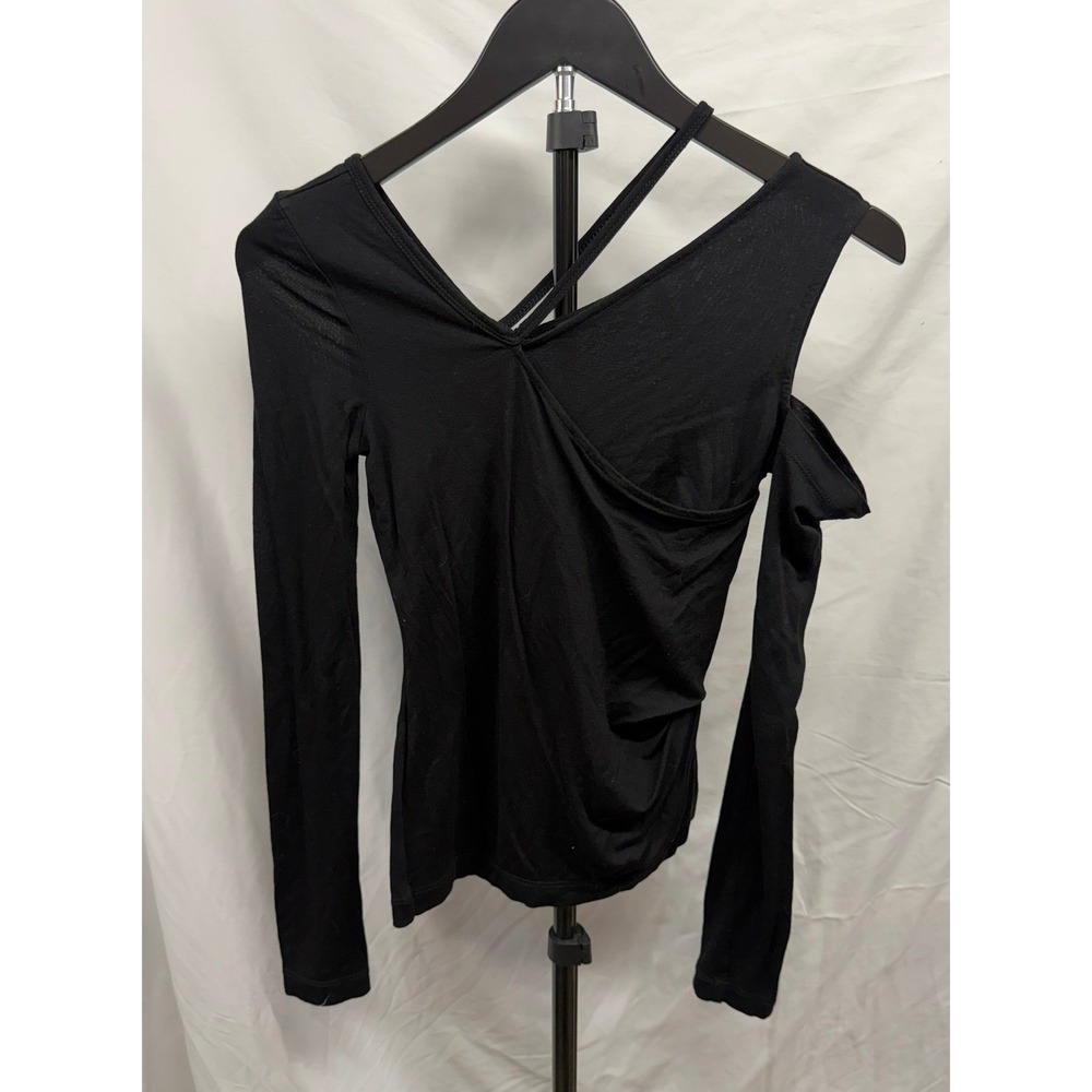 Helmut Lang Women's Black Scala Asymmetrical Long Sleeve Cold Shoulder Top XXS - Picture 2 of 7
